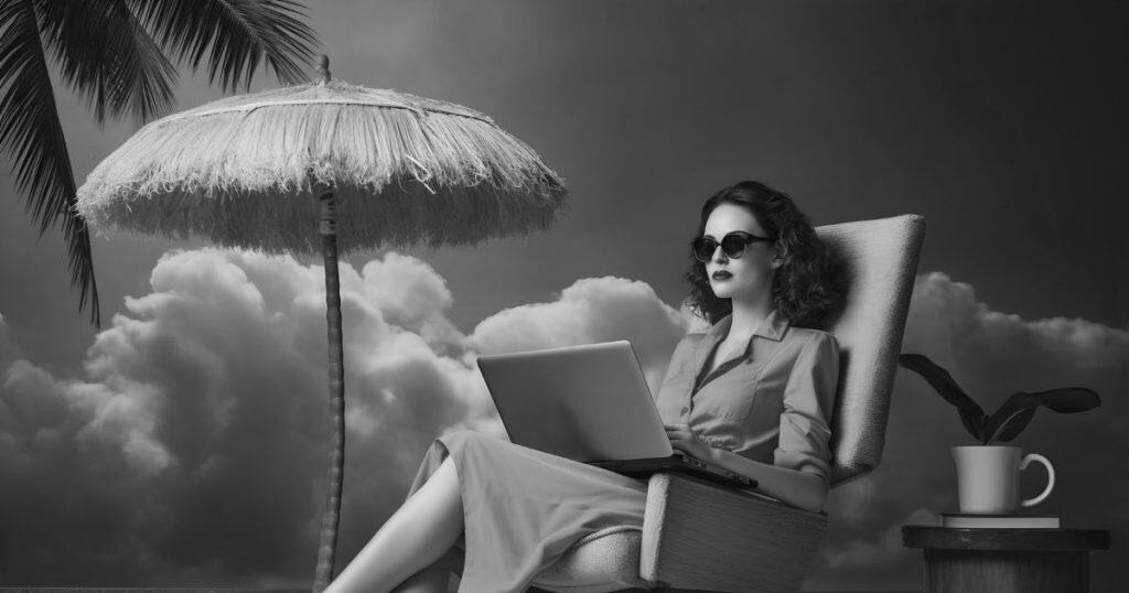 a woman sitting on a chair at the beach with laptop on her lap staring deep into the ocean.