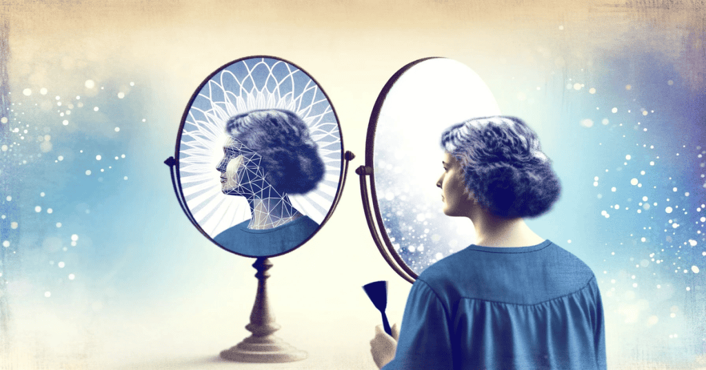 a woman looking at herself in a mirror.