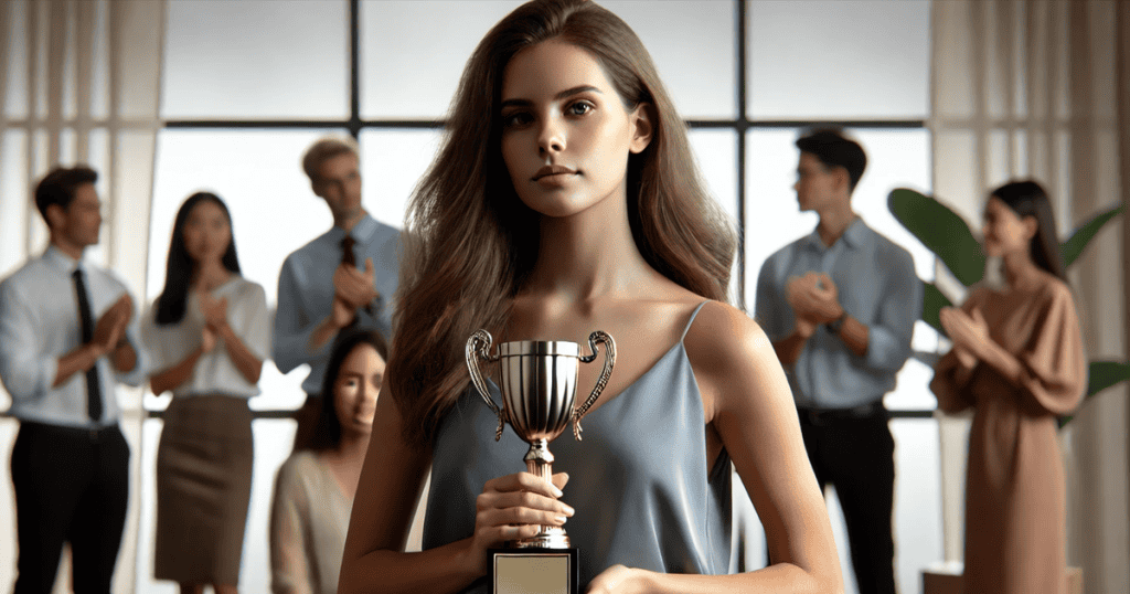 a woman holding a trophy while everyone is clapping behind her.