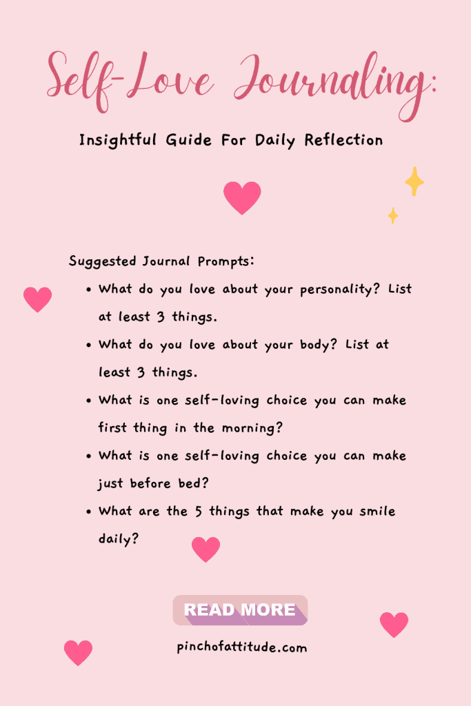 Pinterest - Pin with title "Self-Love Journaling: Insightful Guide for Daily Reflection" showing a list of suggested journal prompts on a plain pink-colored background.
