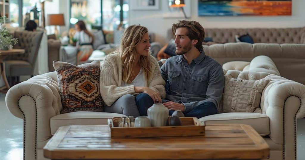 woman talking to her boyfriend on the couch in the cafe.