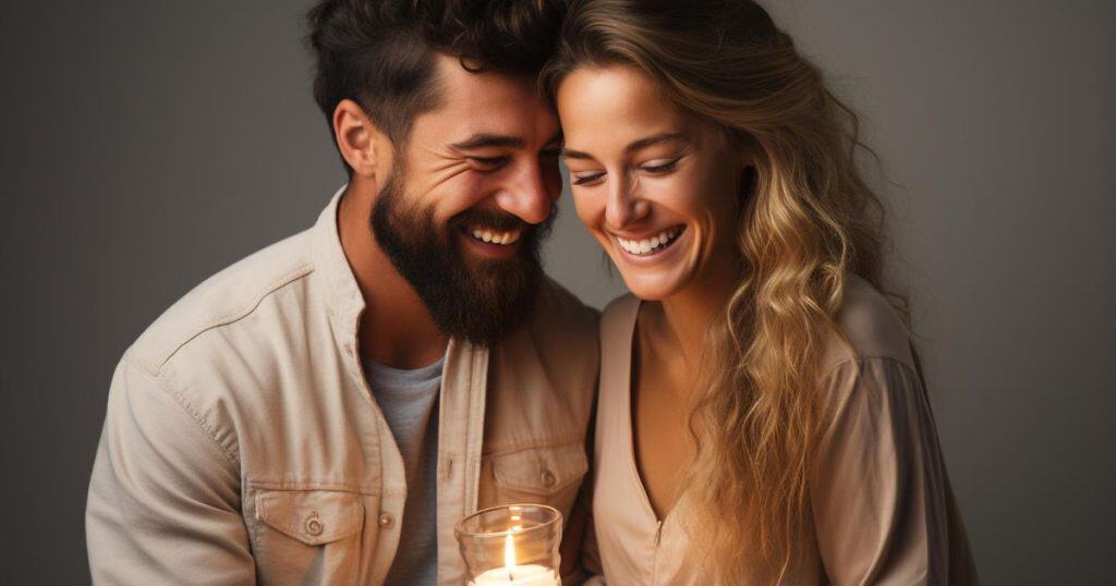 woman and man hugging each other holding a candle laughing.