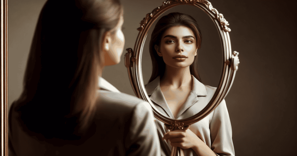 woman looking at herself in a mirror.