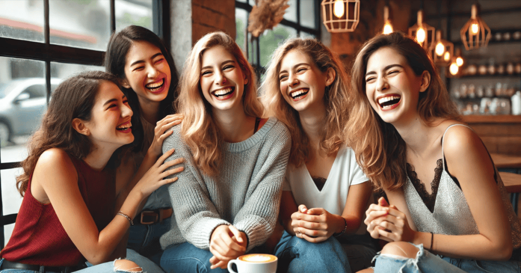 A group of women happily chatting and laughing together in a cozy cafe.