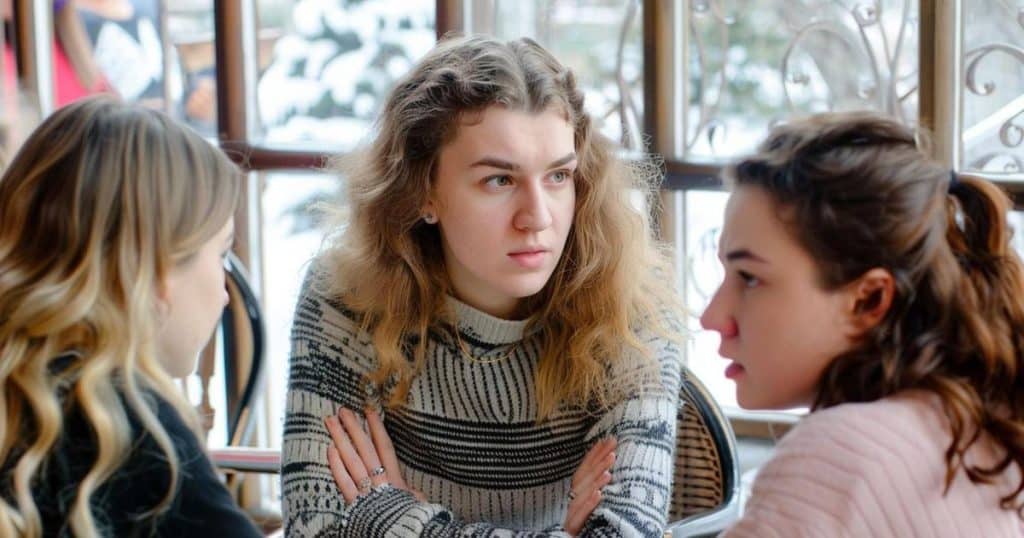 unhappy woman sitting across from her two friends who are gossiping.