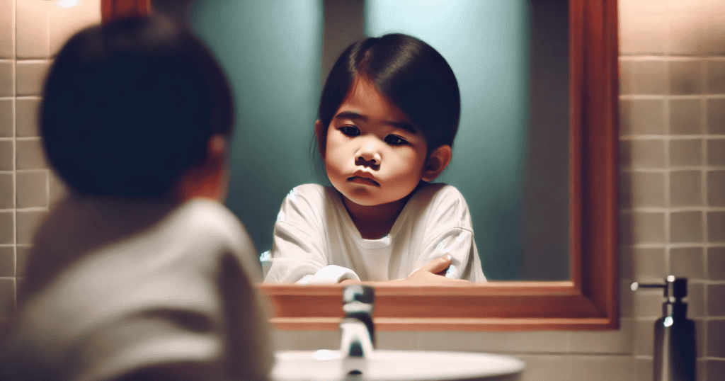 a little girl sadly looking into a mirror.