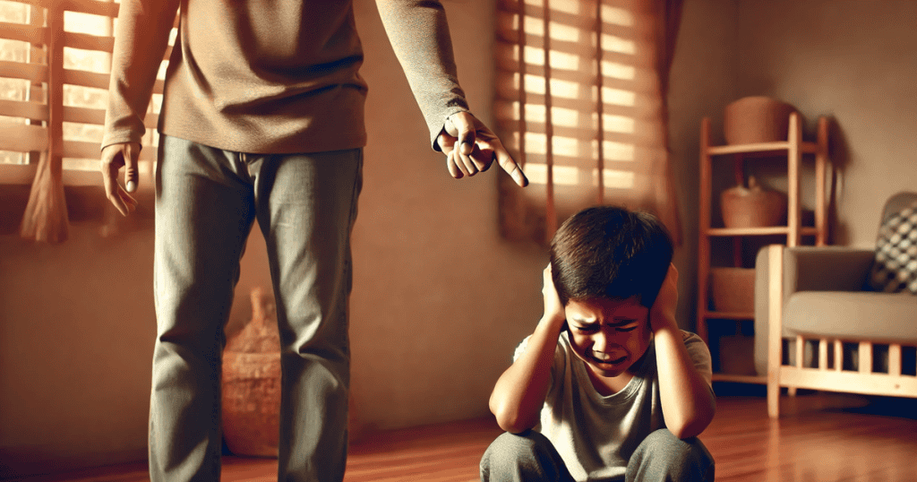 a dad pointing his finger and yelling at his son who is sitting with his hands cover his ears.