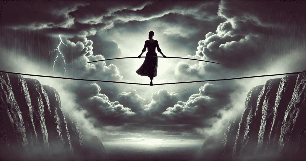 a woman walking on a thin rope between two mountains full of cloud while holding a long stick for balancing.