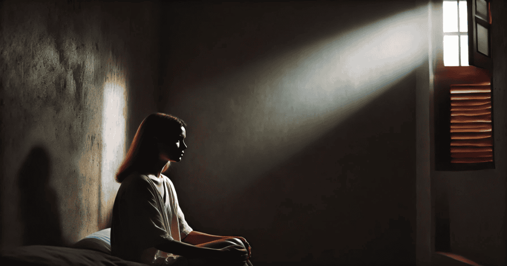 a woman sitting alone in a room with a sun ray shining right at her.