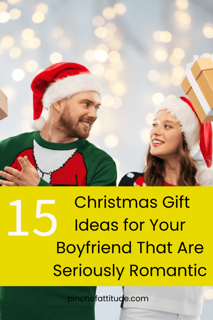 Pinterest - Pin with title "15 Christmas Gift Ideas for Your Boyfriend That Are Seriously Romantic" showing a couple in festive clothing and Santa hats exchanging gifts with a blurred holiday light background.