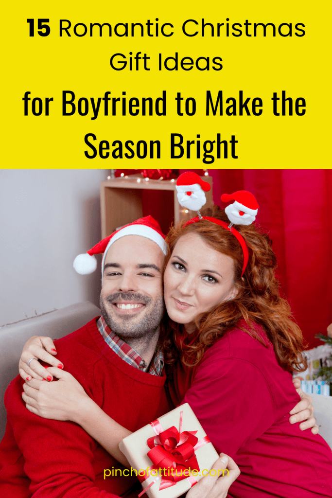 Pinterest - Pin with title "15 Romantic Christmas Gift Ideas for Boyfriend to Make the Season Bright" showing a couple in red outfits sitting together, smiling while holding a wrapped gift, with a holiday-themed interior in the background.