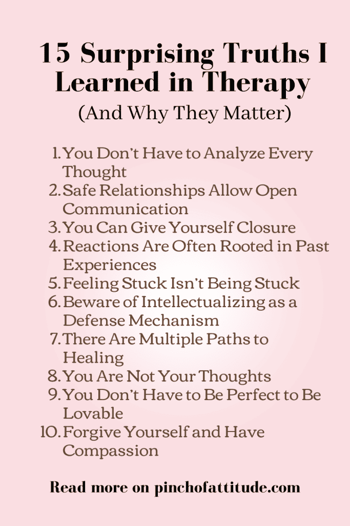 Pinterest - Pin with title "15 Surprising Truths I Learned in Therapy (And Why They Matter)" listing ten self-reflective insights related to personal growth and mental health therapy on a light pink background.