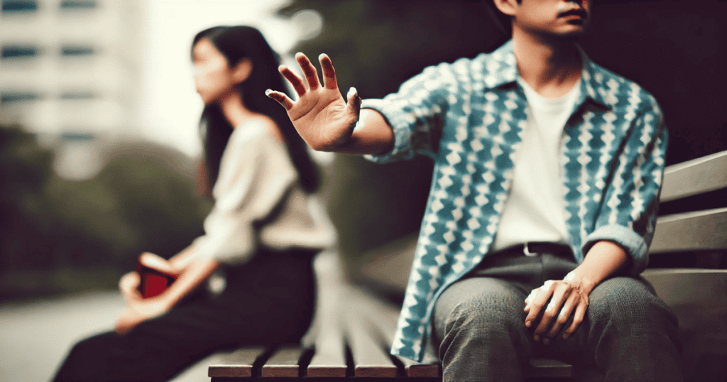 A couple sits on a bench, physically close but looking in opposite directions, with the man's hand extended toward the woman, who subtly pulls away.