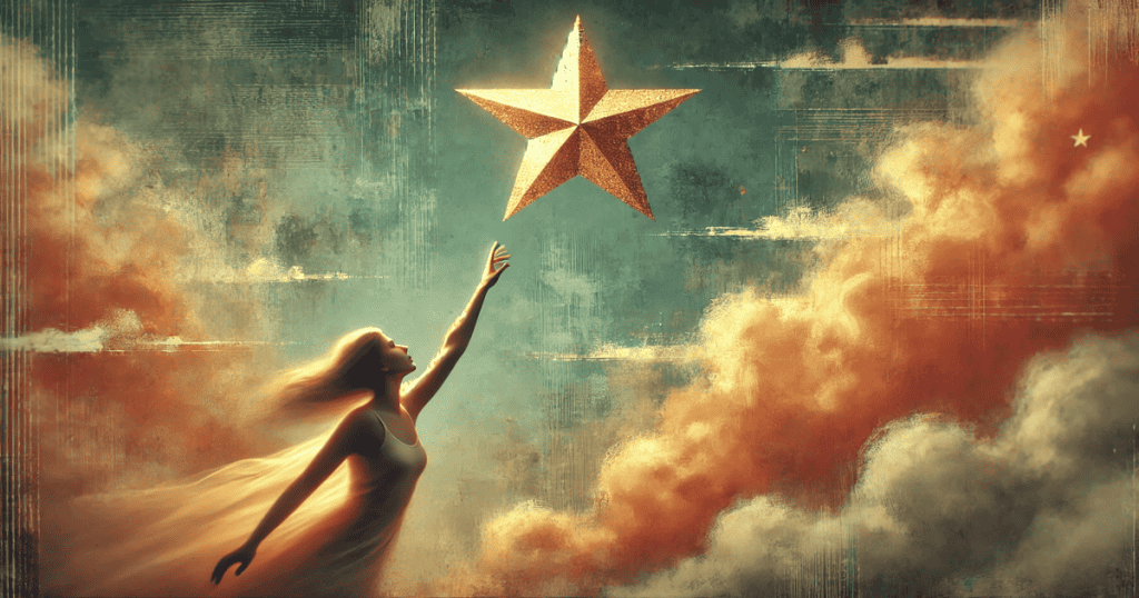 A woman reaches upward towards a glowing star in the sky.