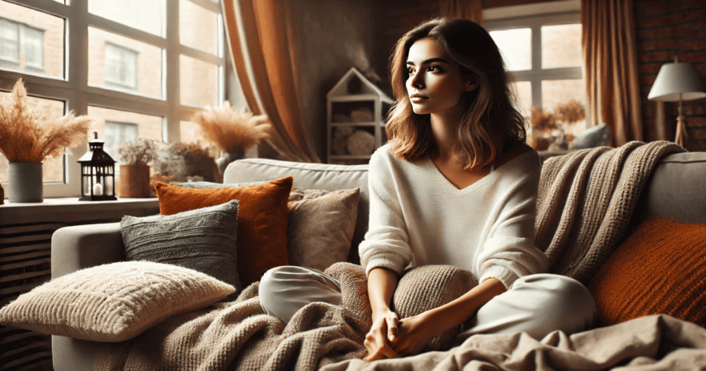 A woman sits comfortably in a cozy living room, gazing out a window with a distant, contemplative look, surrounded by blankets and cushions.