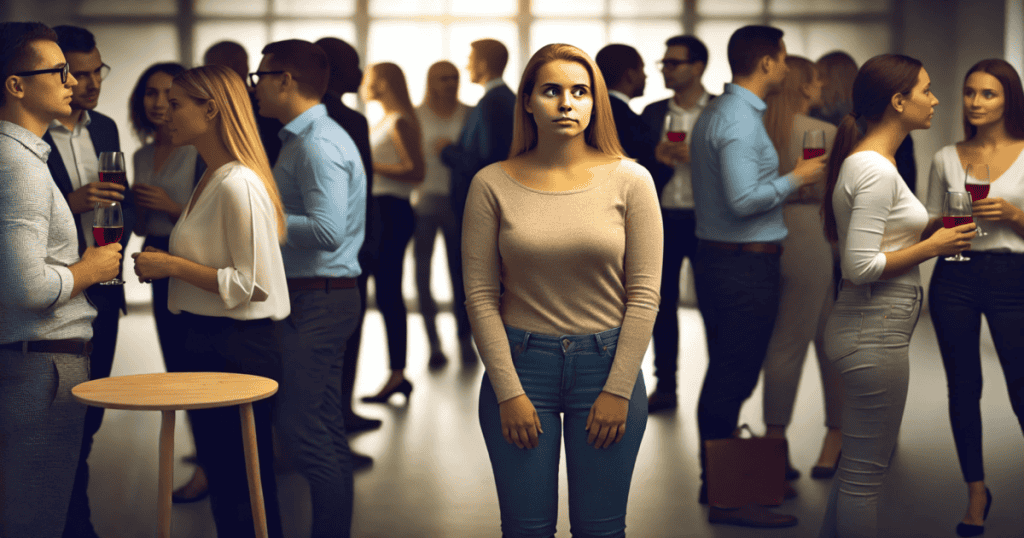 A woman stands slightly apart in a crowded room where others are engaged in conversation, looking disconnected and isolated.