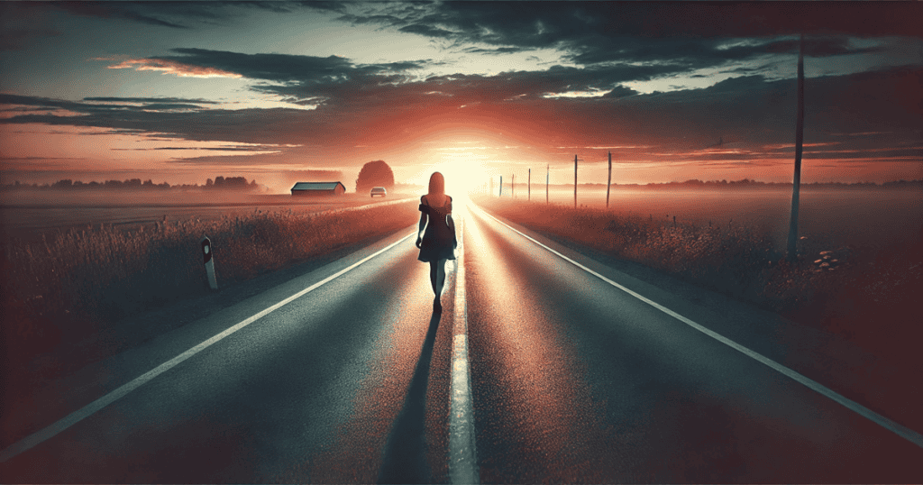 A woman walks down a long, empty road at dusk, with a distant horizon ahead of her and the sky softly lit.