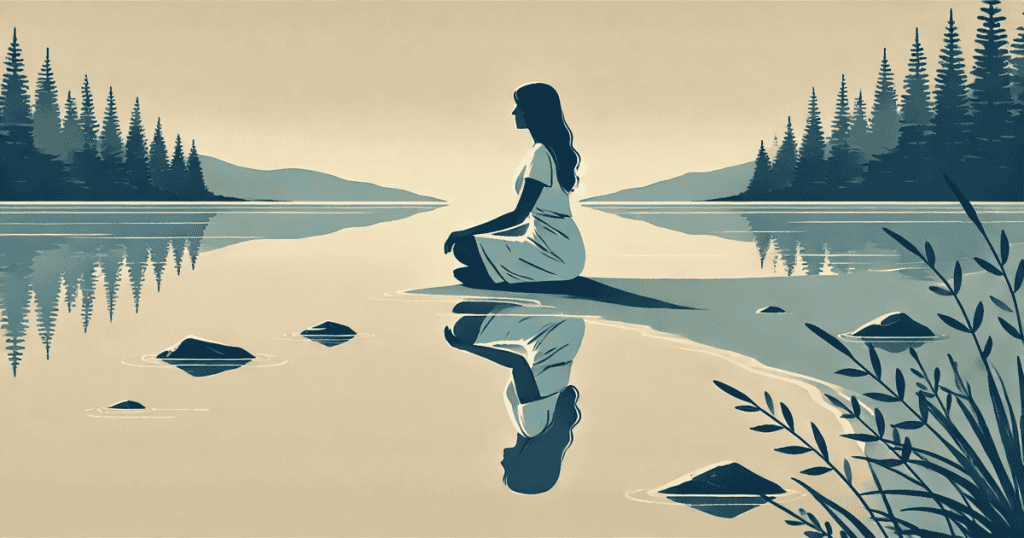 A woman sitting by a calm lake, with her reflection clearly visible in the water.