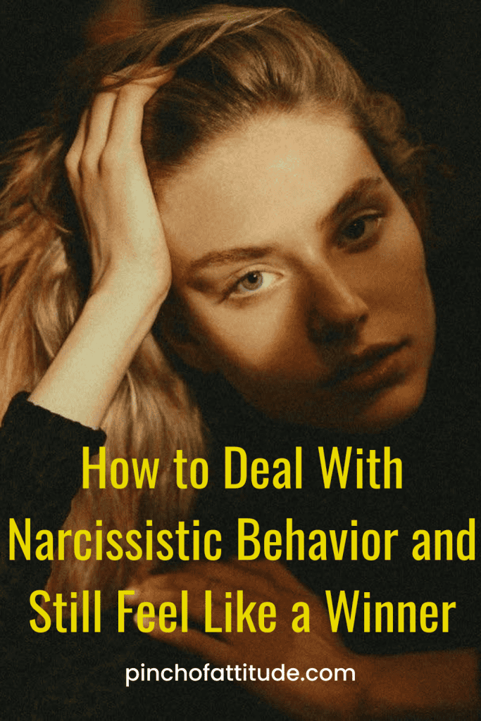 Pinterest - Pin with title "How to Deal with Narcissistic Behavior and Come Out on Top Every Time" featuring a close-up of a woman with her face partially covered by a sheer black glove.