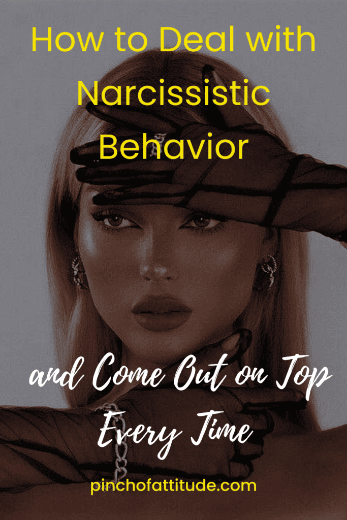 Pinterest - Pin with title "How to Deal With Narcissistic Behavior and Still Feel Like a Winner" showing a thoughtful woman resting her hand on her head, looking into the distance with a serious expression.