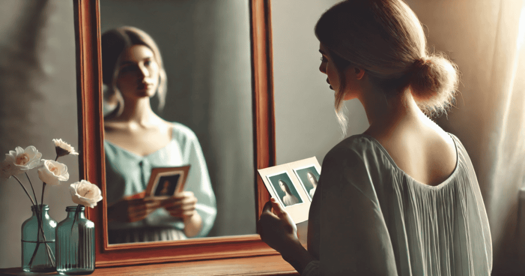 A woman stands in front of a mirror, holding a set of photographs while looking at her reflection.