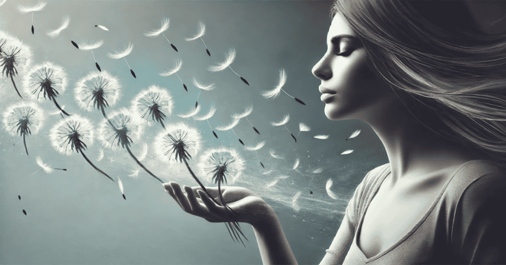 A woman releasing dandelion seeds into the wind, with a serene expression on her face.