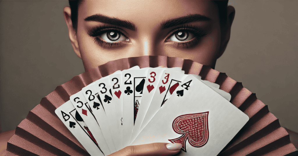 A close-up of a person’s eyes peering over the top of a fan of playing cards.