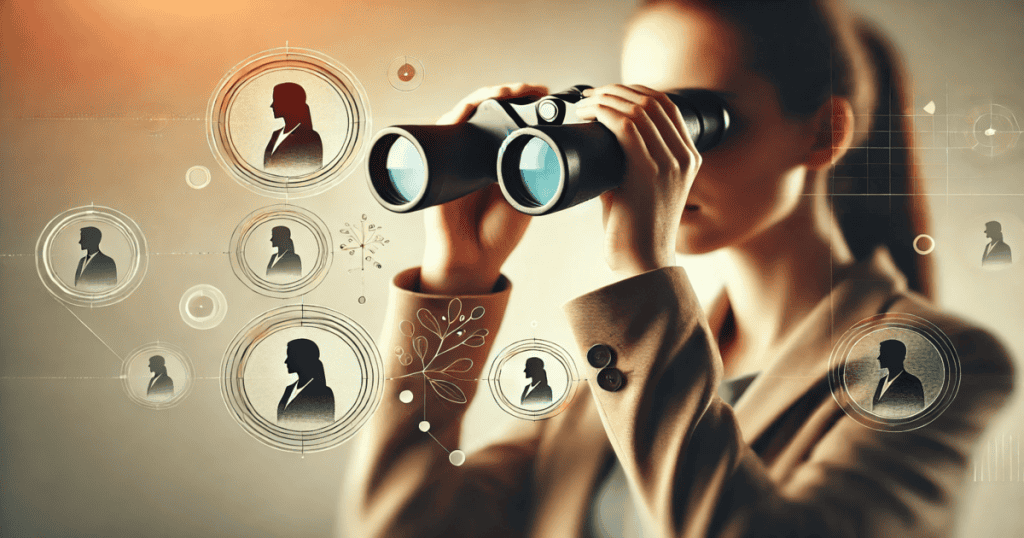 A woman in ponytail and formal top looking through binoculars.