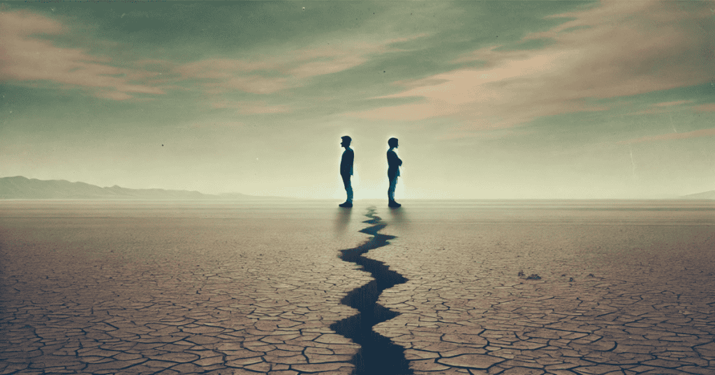 Two silhouetted figures stand side by side in a barren landscape, separated by a crack in the ground beneath them, with a muted sky in the background.