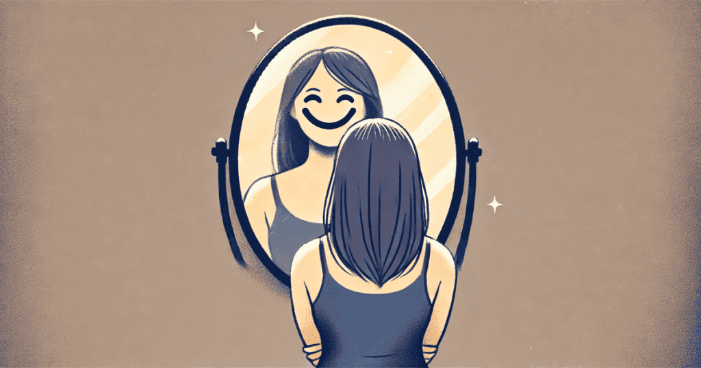 A woman facing a mirror and looking at her smiling reflection.