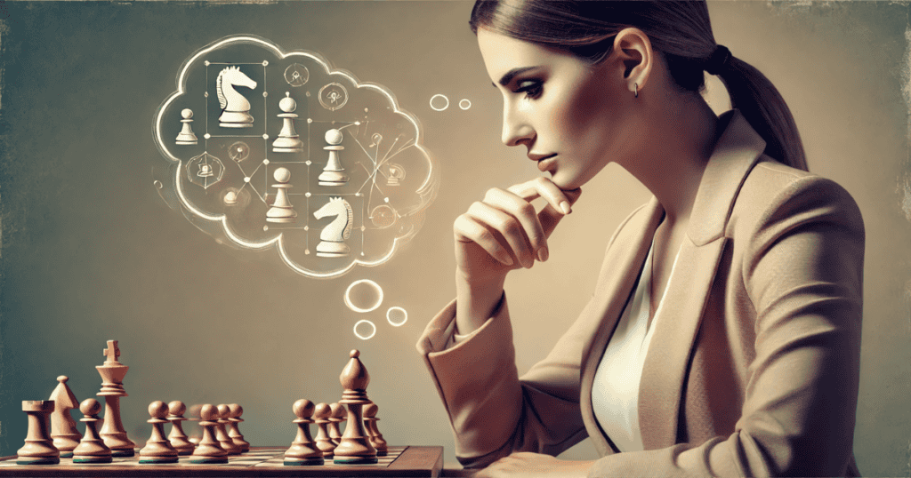 A woman looking at a chessboard with a thought bubble showing a complex series of future moves.