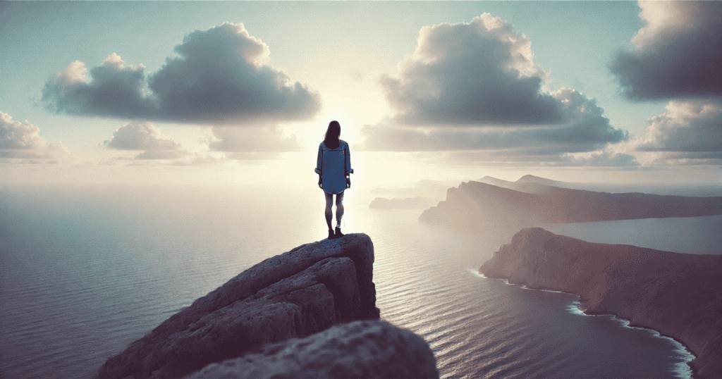 A woman standing alone at the edge of a cliff, staring out into a vast ocean.