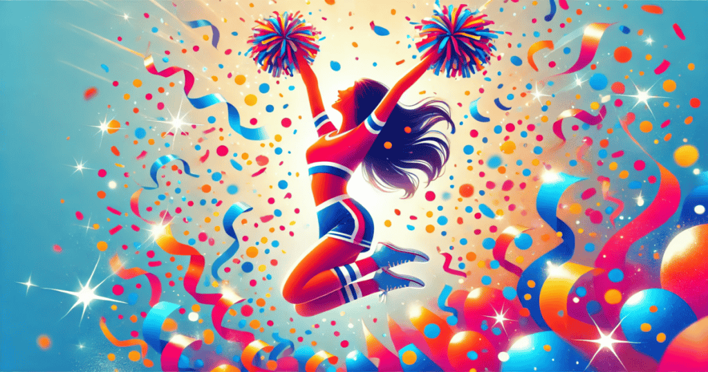 A woman dressed as a cheerleader is jumping with joy, surrounded by colorful confetti and streamers.