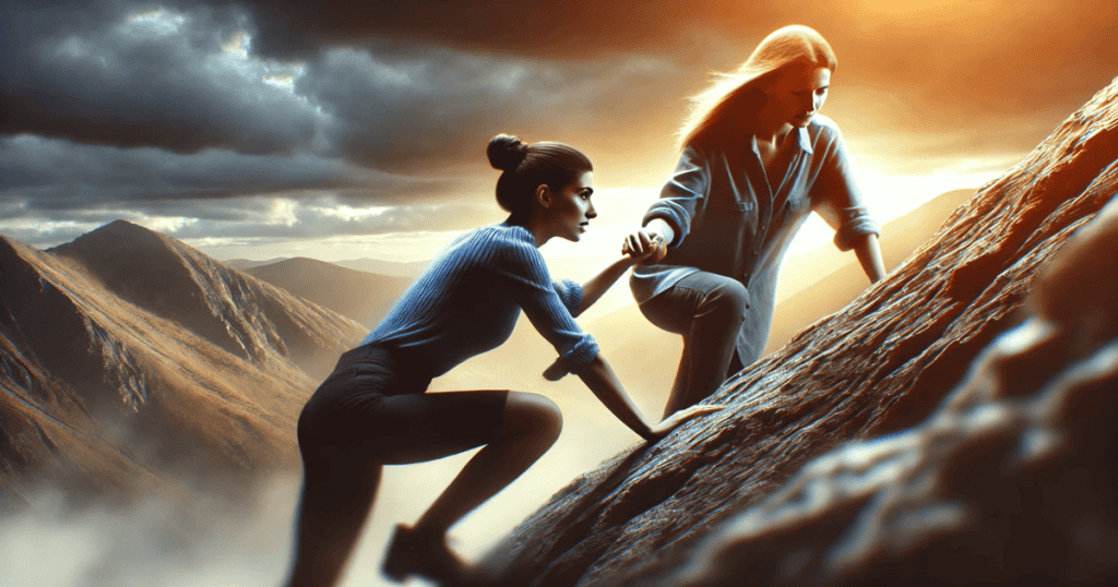 A woman is helping another woman climb a steep rock, with both looking determined, set against a mountainous backdrop.