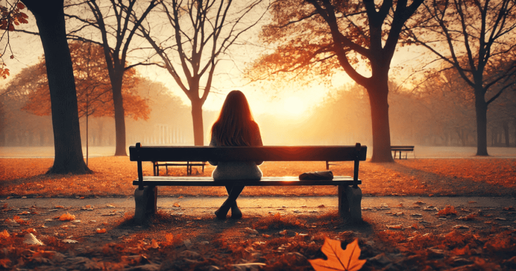 A solitary woman sitting on a bench in an empty autumn park.