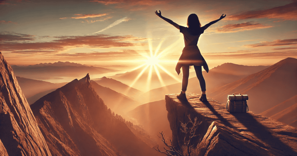 A woman stands triumphantly on a mountaintop at sunrise with her arms raised, facing the landscape.