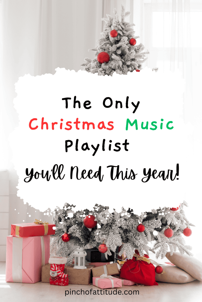 Pinterest - Pin with title "The Only Christmas Music Playlist You'll Need This Year!" showing a decorated Christmas tree with red ornaments and wrapped gifts beneath it, set in a cozy indoor setting.