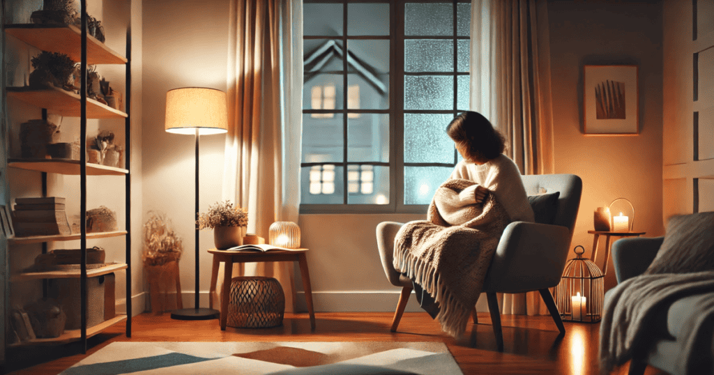 A woman is sitting in a cozy, warmly lit room, wrapped in a blanket, looking out of a window on a rainy night.