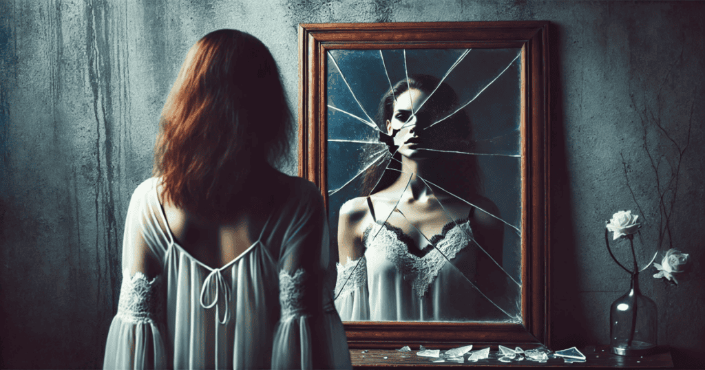 A woman standing in front of a cracked mirror, with her reflection appearing distorted and fragmented.