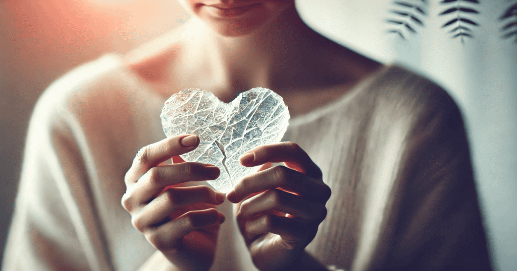 A close-up of a woman's hands holding a broken glass heart with light shining through the cracks.