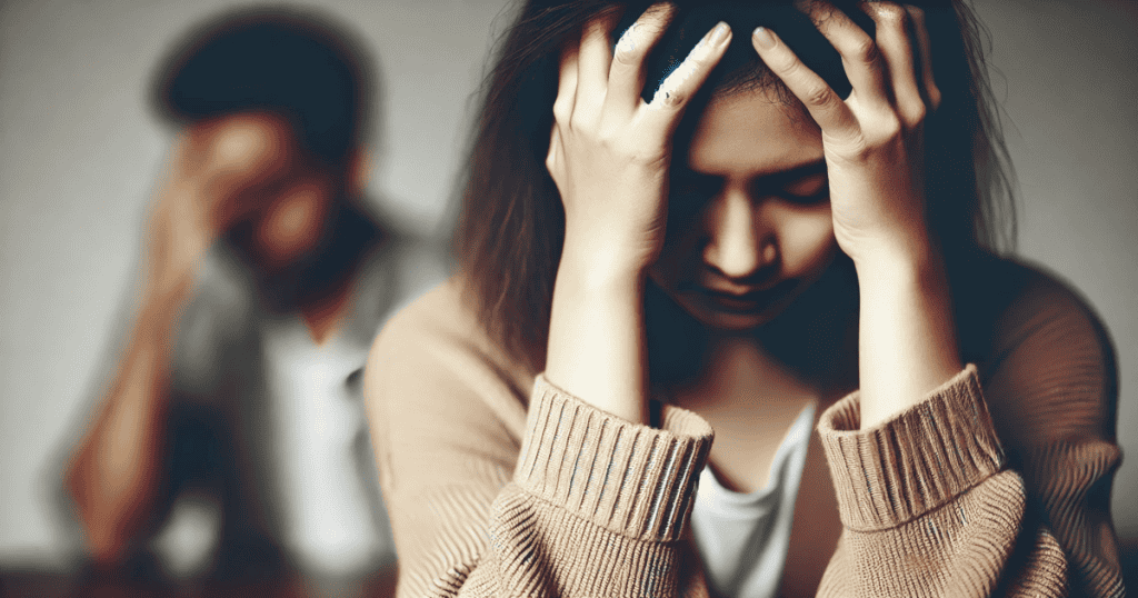 A woman holds her head in her hands while her blurred partner stands in the background, slightly out of focus.