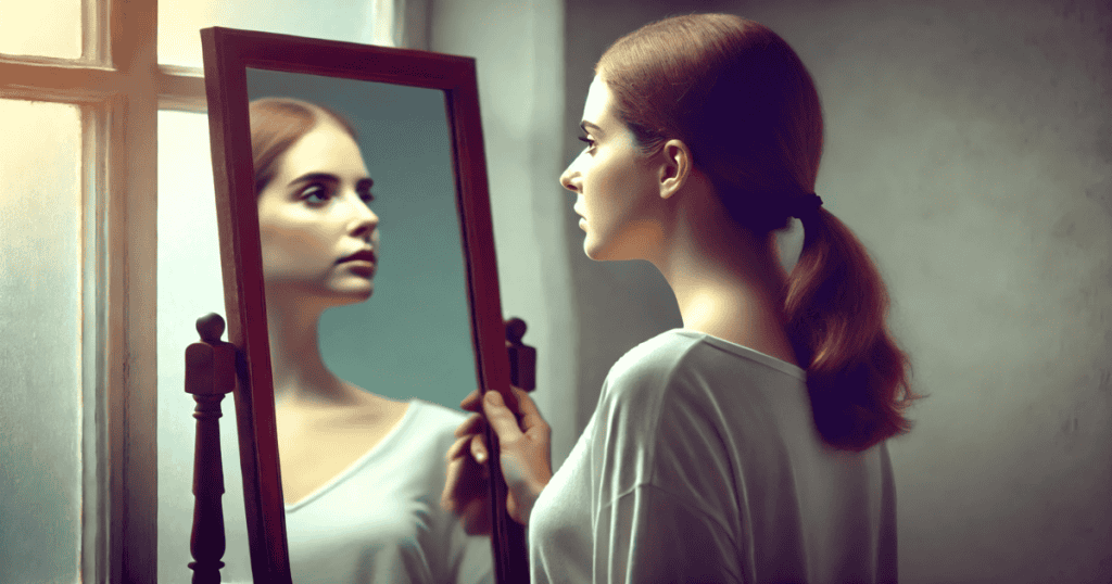 A woman stands in front of a mirror, looking at her reflection.