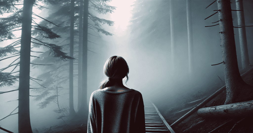 A woman stands at the edge of a foggy forest, looking hesitant and uncertain as she gazes into the mist.