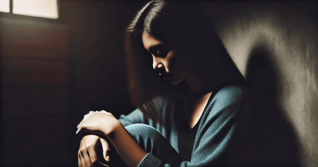 A woman sits alone in a dimly lit room with her face partially obscured by shadows, looking down at her hands in contemplation.