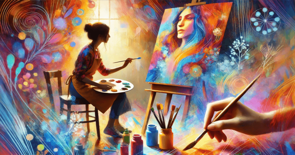 A woman paints at a table surrounded by colorful art supplies.