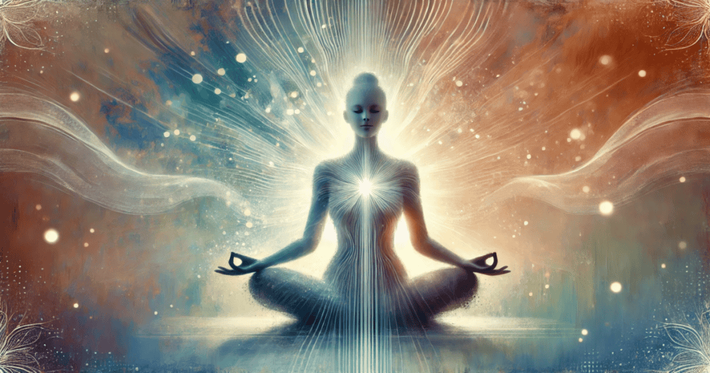 A woman sits in a meditative pose with light radiating from her body.