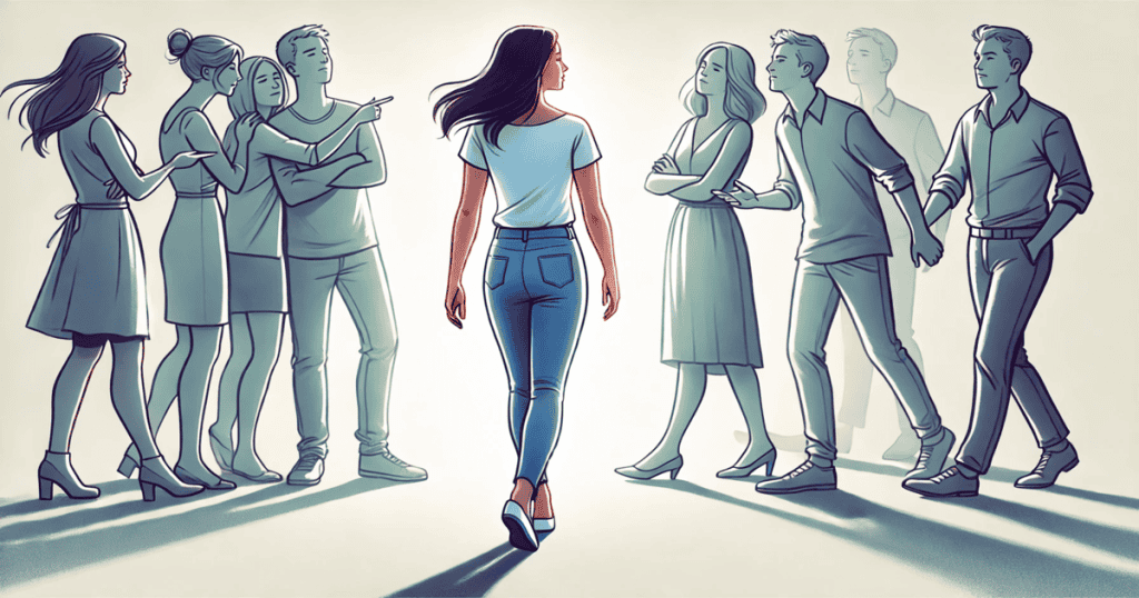 A woman walking away confidently from a group of arguing individuals.