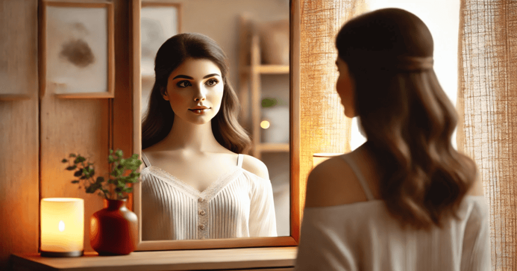 A woman gazes introspectively at her reflection in a mirror.