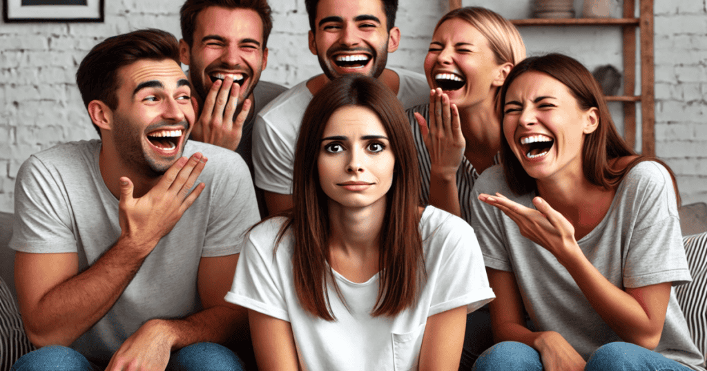 A group of people laughing together while one woman looks confused and out of place.