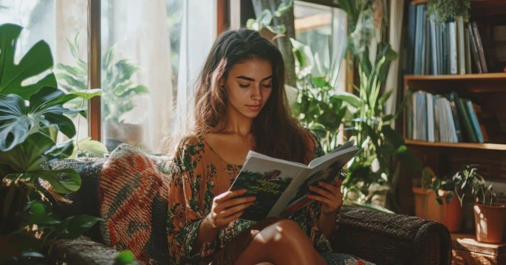 woman reading a book in her living room.